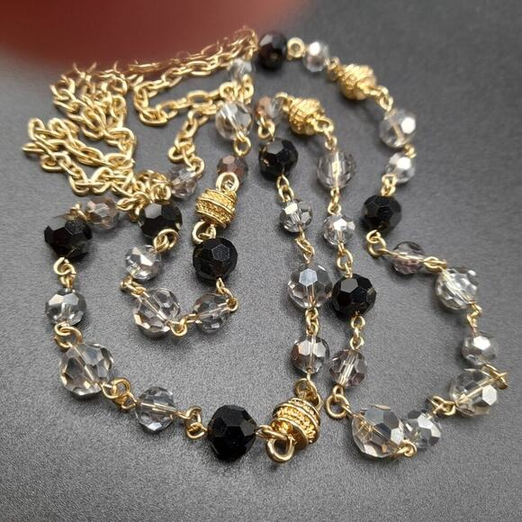 Vintage Long Black Smoky Crystal Necklace, 44 Inch, Gold Tone Chain Spacer Beads - Picture 11 of 11